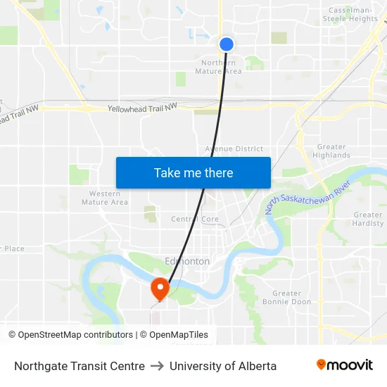 Northgate Transit Centre to University of Alberta map