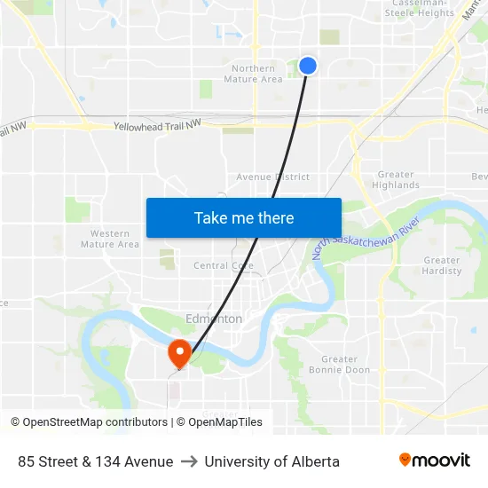 85 Street & 134 Avenue to University of Alberta map