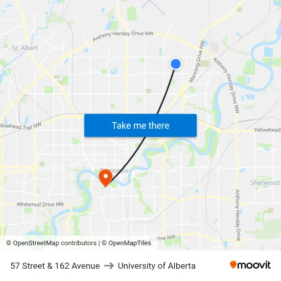 57 Street & 162 Avenue to University of Alberta map