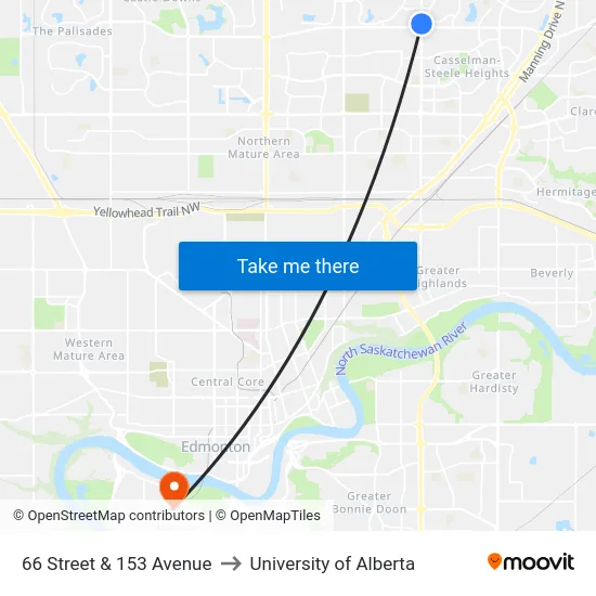66 Street & 153 Avenue to University of Alberta map