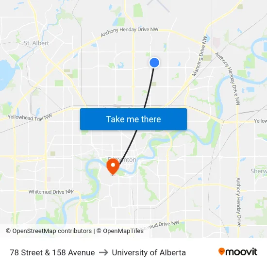 78 Street & 158 Avenue to University of Alberta map