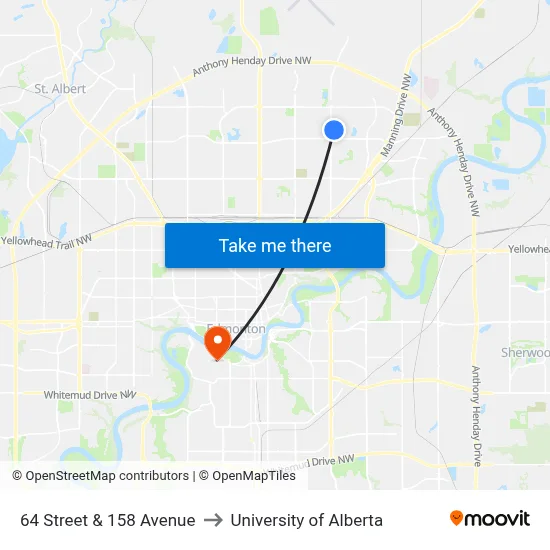 64 Street & 158 Avenue to University of Alberta map