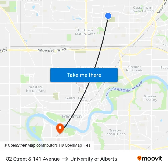 82 Street & 141 Avenue to University of Alberta map