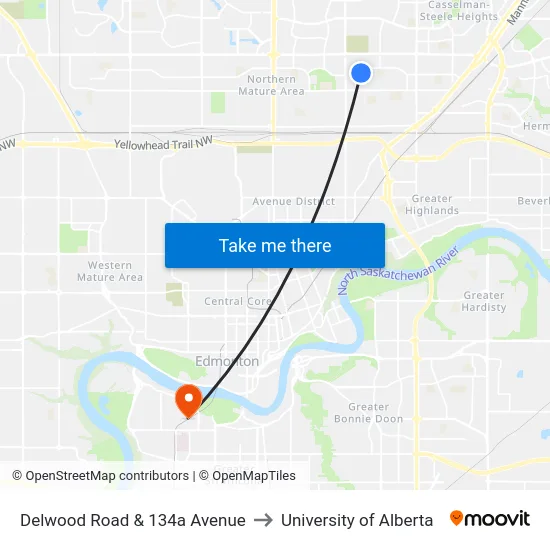 Delwood Road & 134a Avenue to University of Alberta map