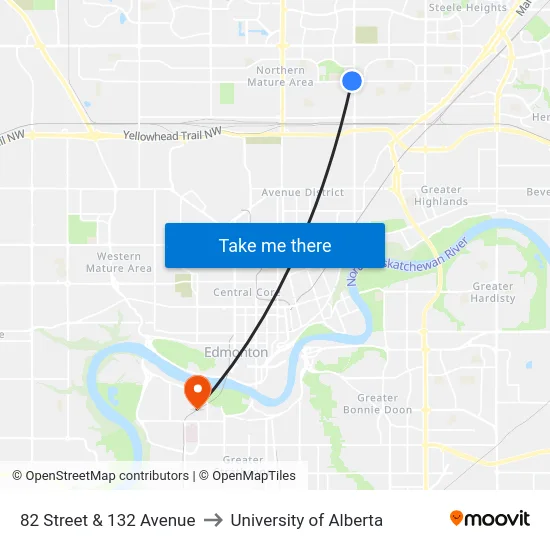 82 Street & 132 Avenue to University of Alberta map