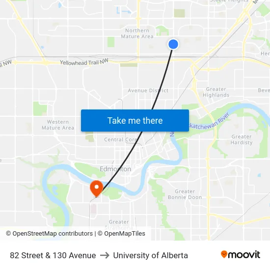 82 Street & 130 Avenue to University of Alberta map