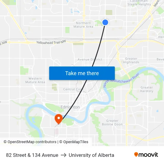 82 Street & 134 Avenue to University of Alberta map
