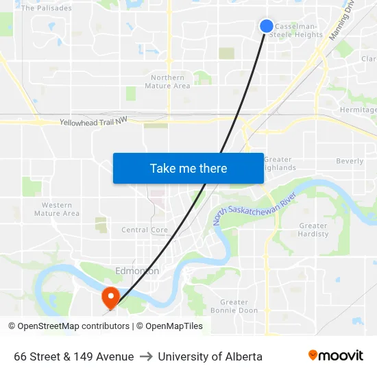 66 Street & 149 Avenue to University of Alberta map