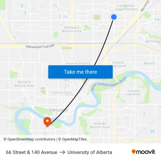 66 Street & 140 Avenue to University of Alberta map