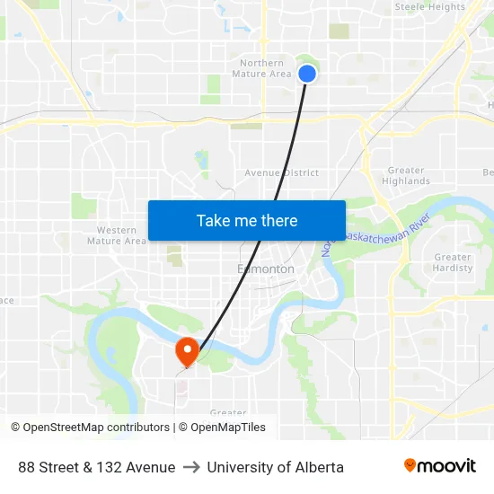 88 Street & 132 Avenue to University of Alberta map