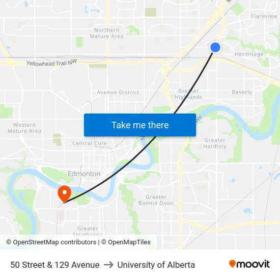 50 Street & 129 Avenue to University of Alberta map
