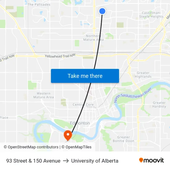 93 Street & 150 Avenue to University of Alberta map