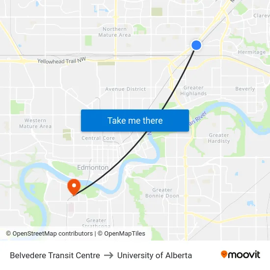 Belvedere Transit Centre to University of Alberta map