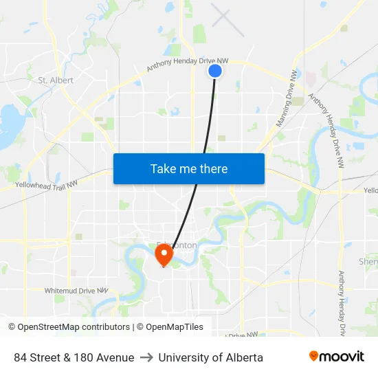 84 Street & 180 Avenue to University of Alberta map