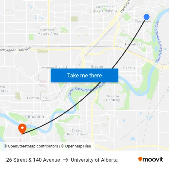 26 Street & 140 Avenue to University of Alberta map