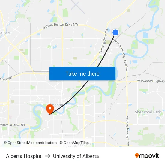 Alberta Hospital to University of Alberta map