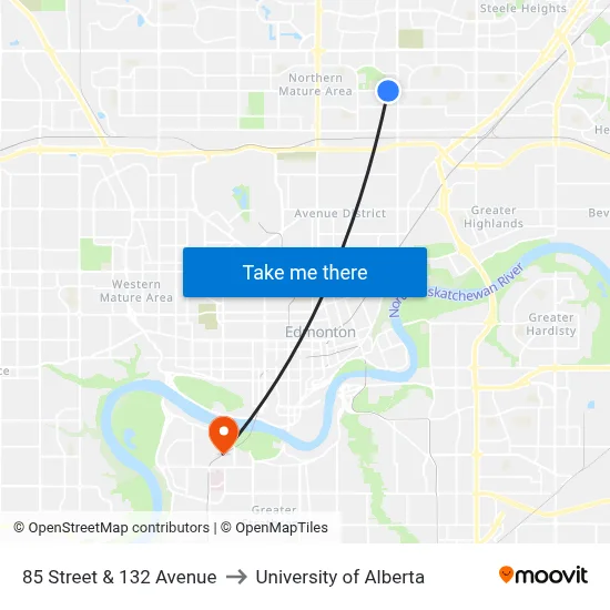 85 Street & 132 Avenue to University of Alberta map