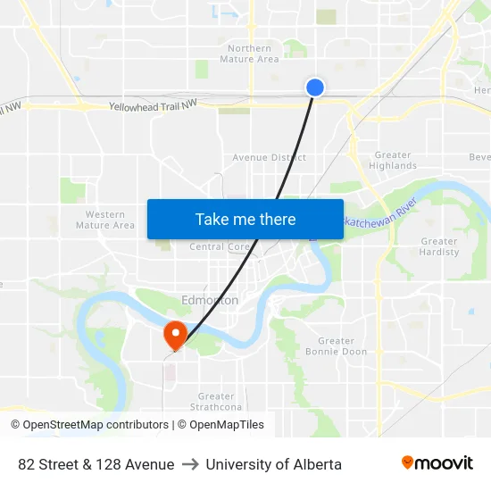 82 Street & 128 Avenue to University of Alberta map