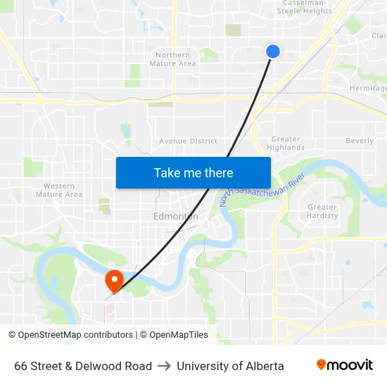 66 Street & Delwood Road to University of Alberta map