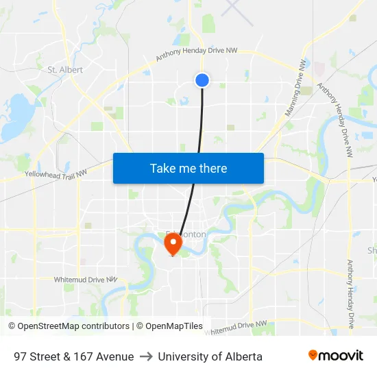 97 Street & 167 Avenue to University of Alberta map