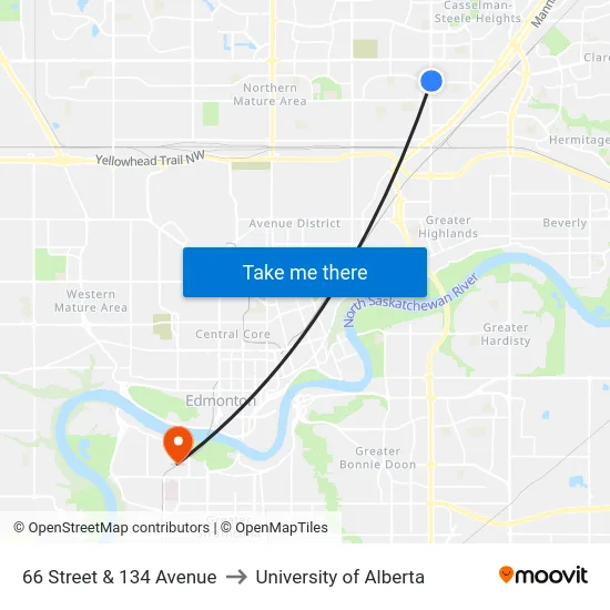 66 Street & 134 Avenue to University of Alberta map