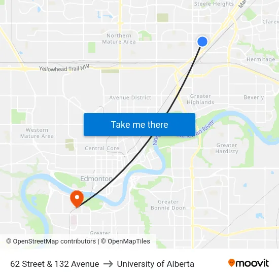 62 Street & 132 Avenue to University of Alberta map