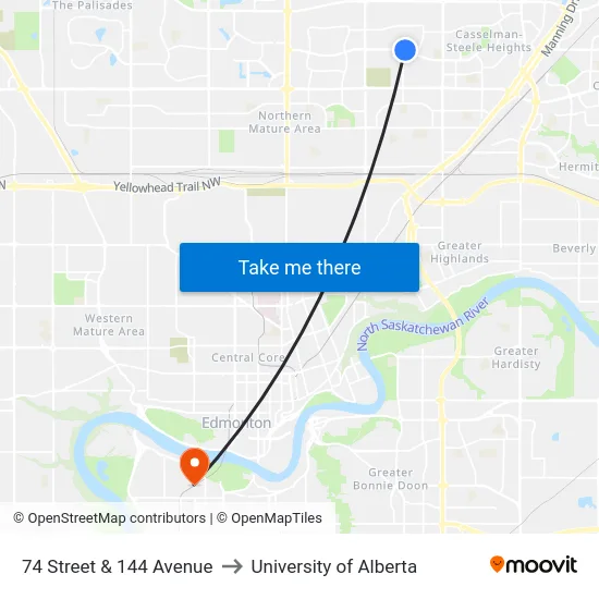 74 Street & 144 Avenue to University of Alberta map