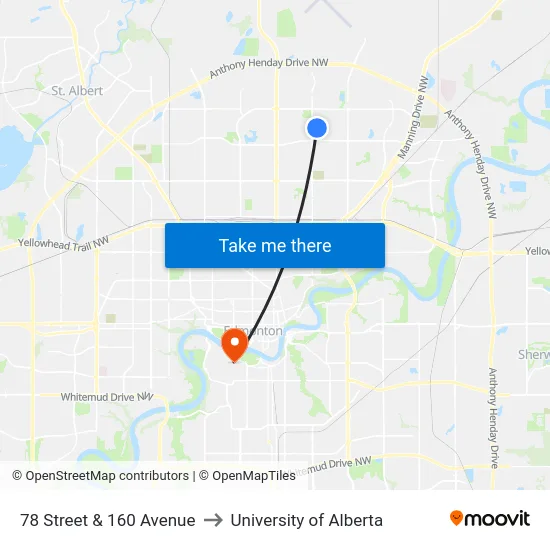 78 Street & 160 Avenue to University of Alberta map