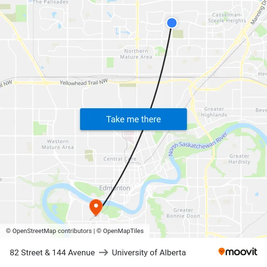 82 Street & 144 Avenue to University of Alberta map