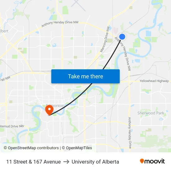 11 Street & 167 Avenue to University of Alberta map