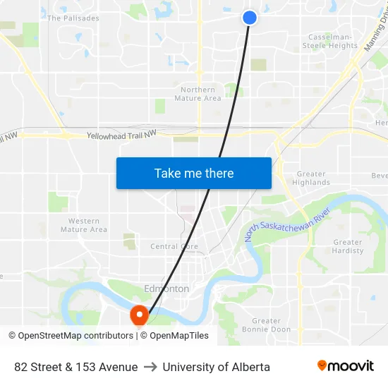 82 Street & 153 Avenue to University of Alberta map