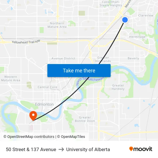 50 Street & 137 Avenue to University of Alberta map