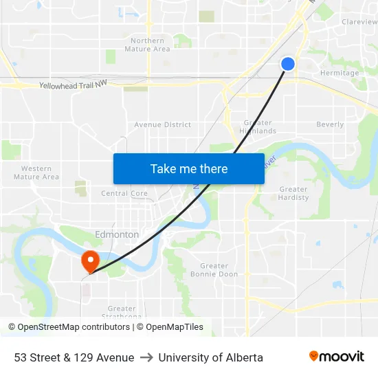 53 Street & 129 Avenue to University of Alberta map