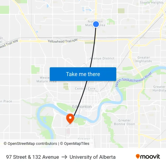 97 Street & 132 Avenue to University of Alberta map