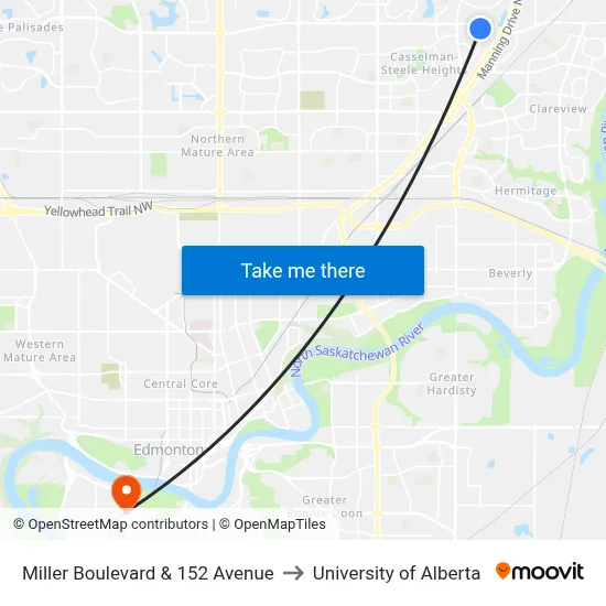 Miller Boulevard & 152 Avenue to University of Alberta map