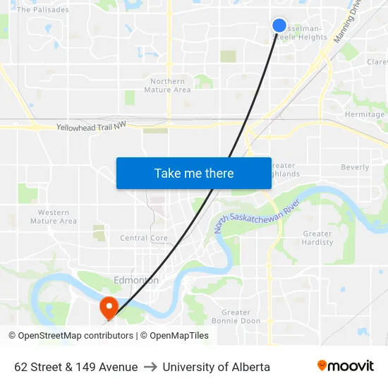 62 Street & 149 Avenue to University of Alberta map