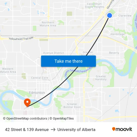 42 Street & 139 Avenue to University of Alberta map