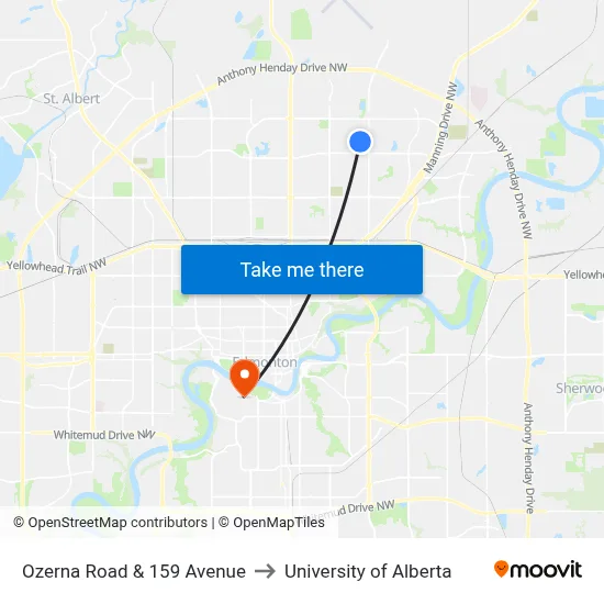 Ozerna Road & 159 Avenue to University of Alberta map