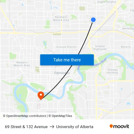 69 Street & 132 Avenue to University of Alberta map