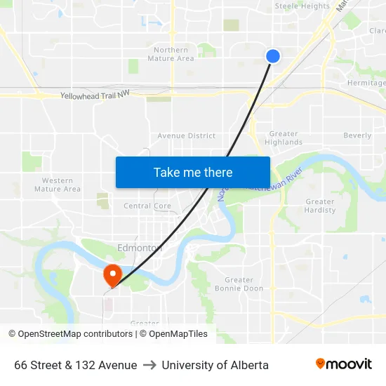 66 Street & 132 Avenue to University of Alberta map