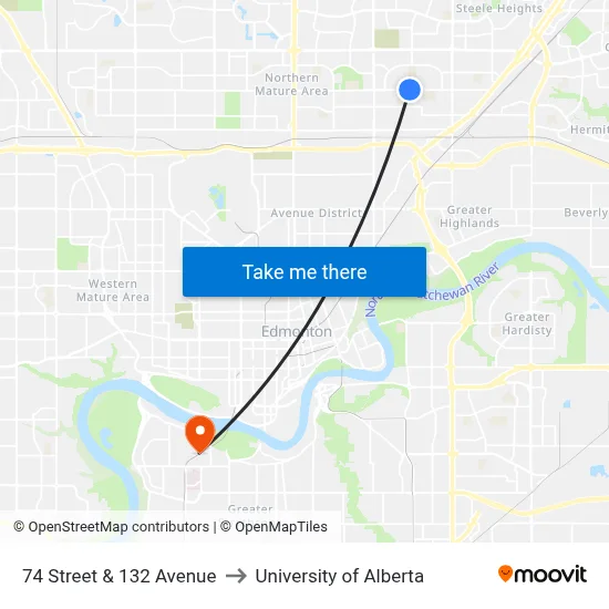 74 Street & 132 Avenue to University of Alberta map