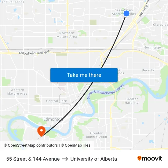 55 Street & 144 Avenue to University of Alberta map
