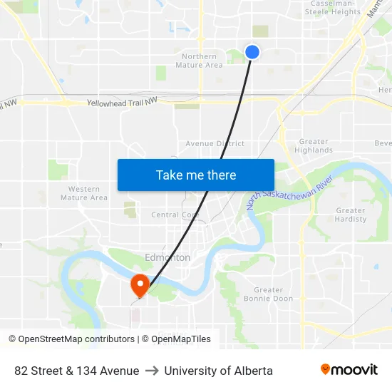 82 Street & 134 Avenue to University of Alberta map