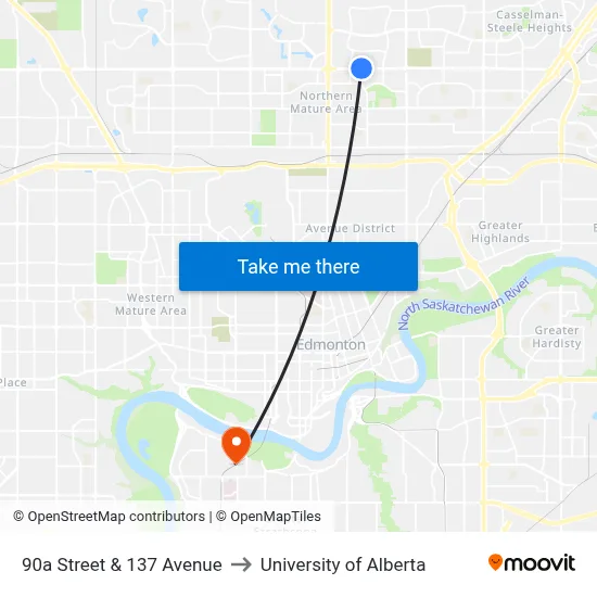 90a Street & 137 Avenue to University of Alberta map