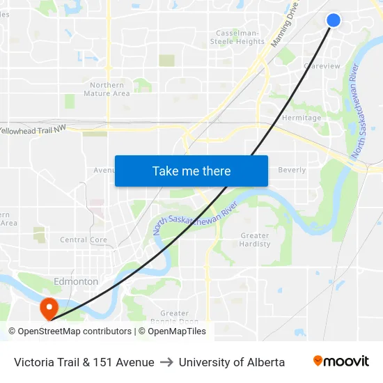 Victoria Trail & 151 Avenue to University of Alberta map