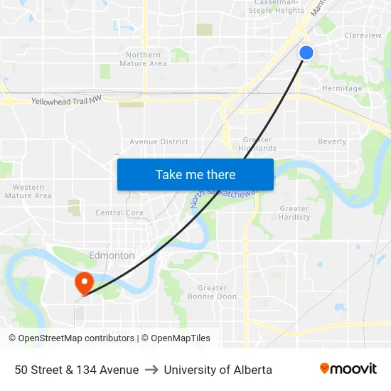50 Street & 134 Avenue to University of Alberta map