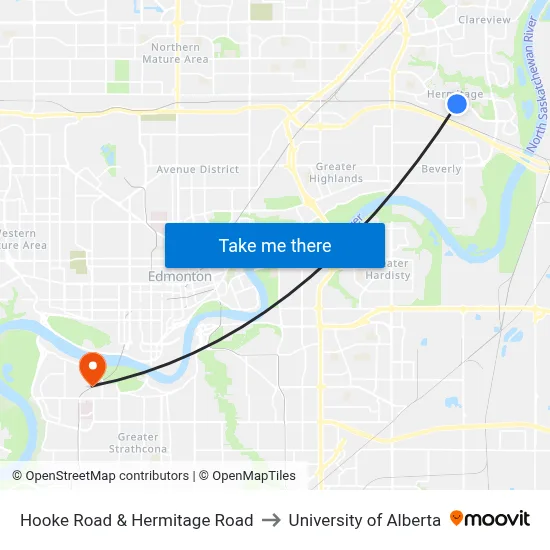 Hooke Road & Hermitage Road to University of Alberta map