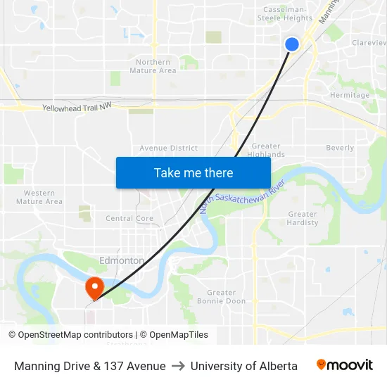 Manning Drive & 137 Avenue to University of Alberta map