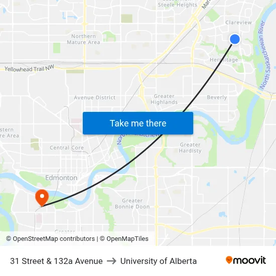 31 Street & 132a Avenue to University of Alberta map