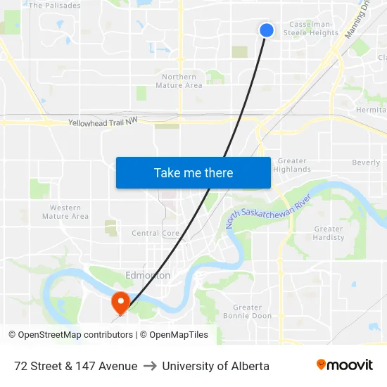 72 Street & 147 Avenue to University of Alberta map